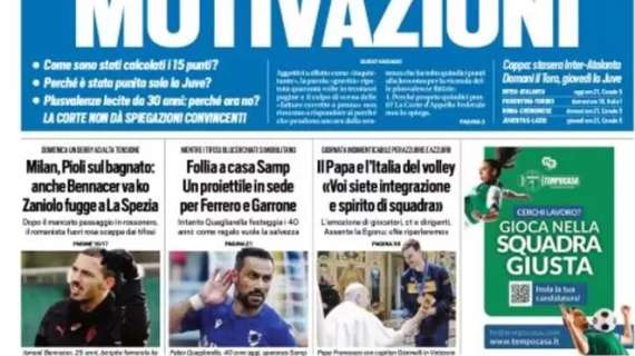 Tuttosport in prima pagina: "Milan, Pioli sil bagnato: anche Bennacer va ko"