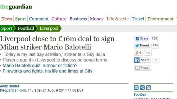 The Guardian - Accordo raggiunto tra Milan e Liverpool per Balotelli