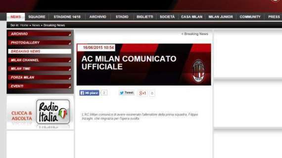 AC MILAN COMUNICATO UFFICIALE: esonero per Filippo Inzaghi