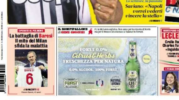 La Gazzetta in prima pagina: "La battaglia di Baresi: il mito del Milan sfida la malattia"