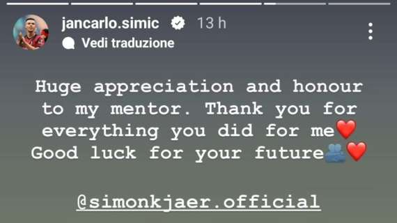 Simic saluta il suo mentore Kjaer: "Grazie per tutto quello che hai fatto per me"