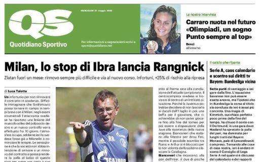 Il QS in apertura: "Milan, lo stop di Ibra lancia Rangnick"