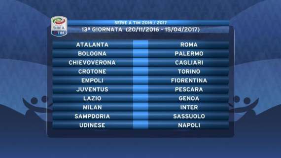 LIVE MN - Serie A 2016-17, il calendario completo: esordio col Toro. il Napoli alla 2ª. 9ª giornata: Milan-Juve, Milan-Inter alla 13ª. Si chiude col Cagliari