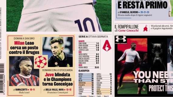 La Gazzetta in prima pagina: "Milan, Leao cerca un posto contro il Bruges"