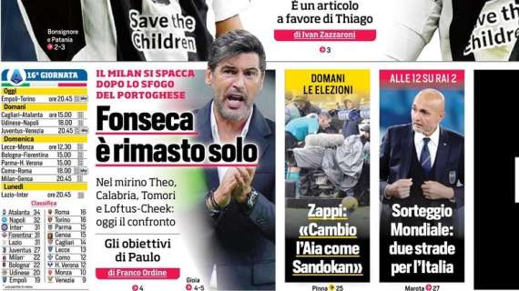 Caos Milan, il CorSport in apertura: "Fonseca è rimasto solo"