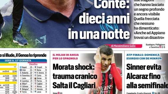 Il CorSport in prima pagina: "Morata shock: trauma cranico. Salta il Cagliari"