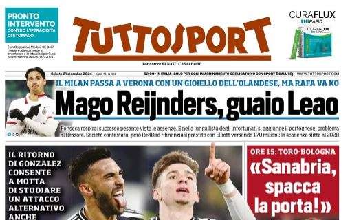 Tuttosport in prima pagina sul Milan: "Mago Reijnders, guaio Leao"