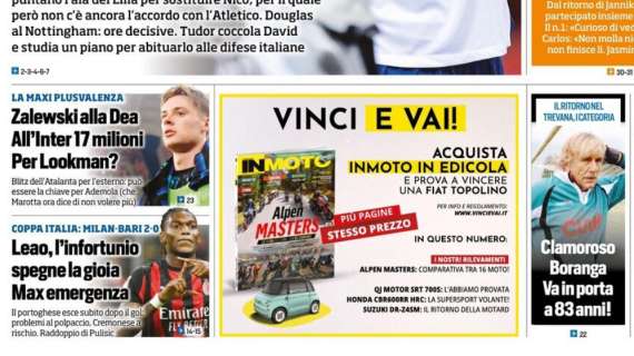 Milan-Bari 2-0, Tuttosport in apertura: "Leao, l'infortuno spegne la gioia. Max emergenza"