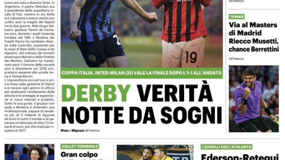 Stasera Inter-Milan, il QS titola: "Derby verità, notte da sogni"