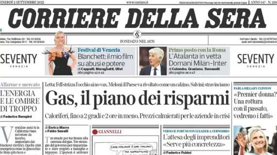 Il CorSera in prima pagina: “L’Atalanta in vetta. Domani Milan-Inter”