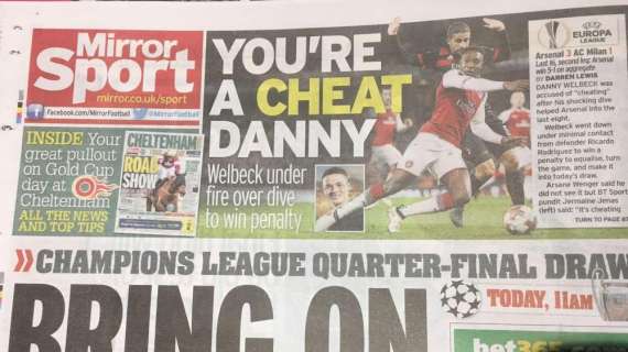 Arsenal-Milan e il tuffo di Welbeck, il Mirror: “Sei un imbroglione Danny”