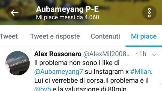 Aubameyang, il Milan e un altro like “sospetto” su Twitter