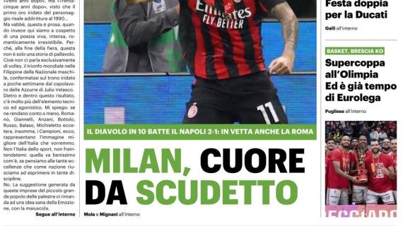 Napoli battuto e primo posto in classifica. Il QS titola: “Milan, cuore da scudetto”