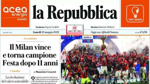 Repubblica: “Il Milan vince e torna campione. Festa dopo 11 anni”