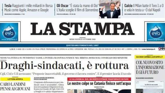 La Stampa: “Il Milan batte il Torino 1-0 e vola in testa a +3 dal Napoli”