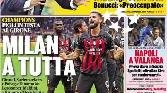 La Gazzetta in prima pagina: "Milan a tutta. Pioli in testa al girone"