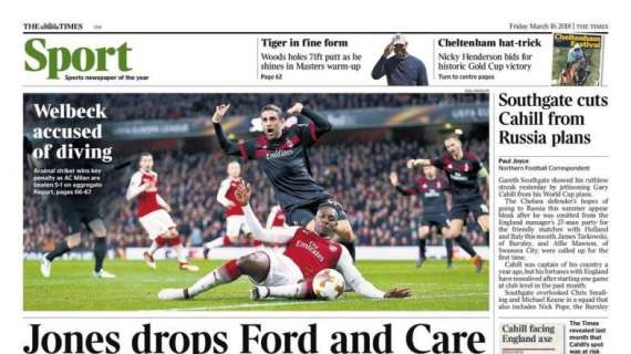 Arsenal, l'apertura del Times: "Welbeck accusato di tuffarsi"
