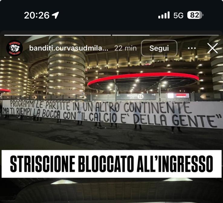 “Programmi le partite in un altro continente ma ti riempi la bocca con “Il calcio è della gente”. Lega Serie A vergogna!”. Bloccato lo striscione della Sud