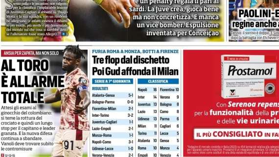 Tuttosport in prima pagina: "Tre flop dal dischetto. Poi Gud affonda il Milan"