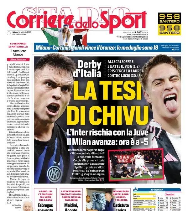 Pisa battuto, ma che sofferenza. Il CorSport in prima pagina: "Il Milan avanza: ora è a -5"