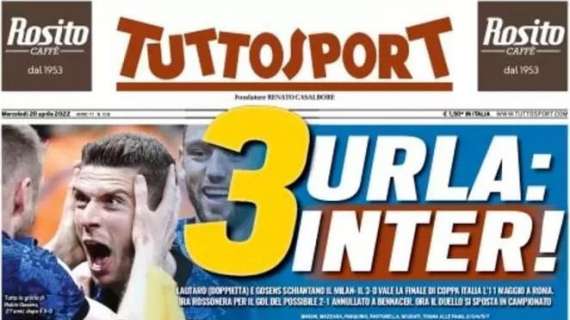 Tuttosport in apertura: "3 urla Inter". Il Milan protesta per un gol annullato a Bennacer