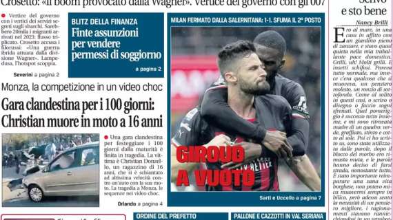 Leggo in apertura sul pari del Milan contro la Salernitana: "Giroud a vuoto"