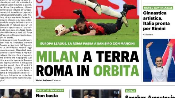 Il QS titola sul derby italiano in Europa League: "Milan a terra, Roma in orbita"