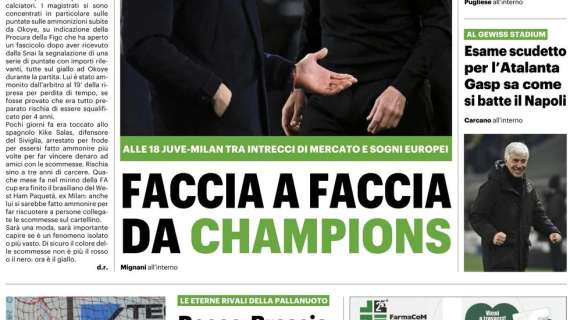 Alle 18 Juventus-MIlan. Il QS in prima pagina: "Faccia a faccia da Champions"