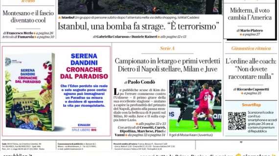 Repubblica: “Campionato in letargo e primi verdetti. Dietro il Napoli stellare, Milan e Juve”
