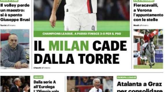 Rossoneri sconfitti a Parigi. Il QS titola: "Il Milan cade dalla torre"