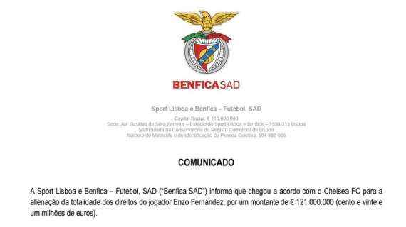 Enzo Fernandez, l'annuncio del Benfica: "Al Chelsea per 121mln"