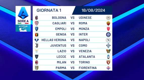 Serie A: ecco la prima giornata. Il Napoli in casa del Verona, per la Juve c'è il Como e l'Inter il Genoa