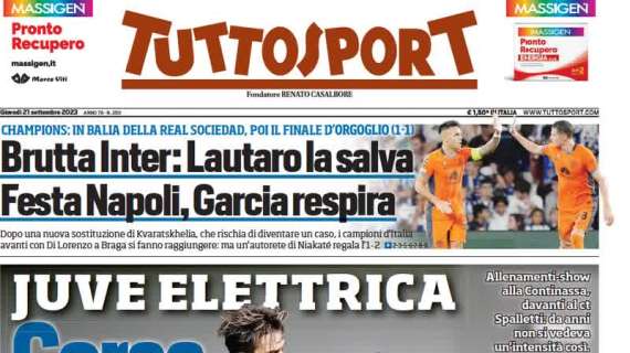Tuttosport in prima pagina titola sui bianconeri: "Juve elettrica: corsa, botte e gol"
