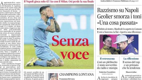La prima pagina de Il Mattino: "Senza voce. Il Napoli gioca solo 45': ko con il Milan"
