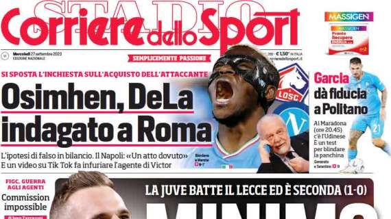 L'apertura del Corriere dello Sport: "La Juventus batte il Lecce ed è seconda"