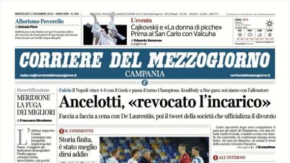 Corriere del Mezzogiorno sul Napoli: "Ancelotti, 'revocato l’incarico'".