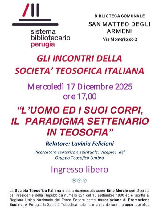 Mercoledì 17 a Perugia la ricercatrice esoterica Lavinia Felicioni parlerà de "L'uomo e i suoi corpi, il paradigma settenario in teosofia"