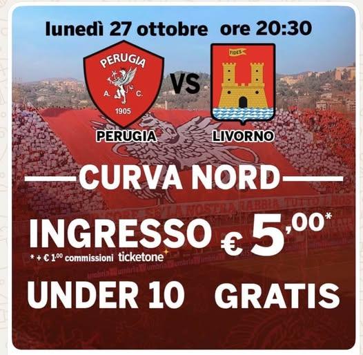 Il 27 ottobre costerà 6 euro il biglietto di Curva Nord per seguire Perugia-Livorno
