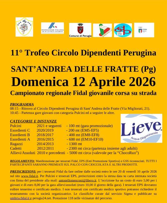 Saranno assegnati al "Trofeo Circolo Dipendenti Perugina" i titoli di campioni umbri di corsa su strada giovanili Fidal