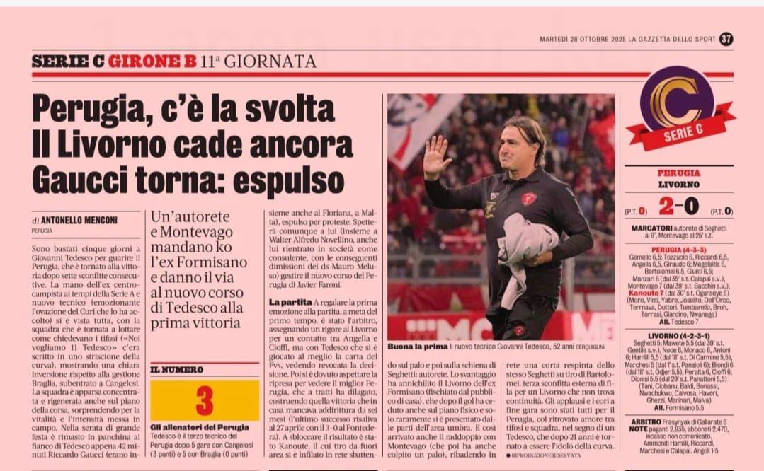 Anche la Gazzetta dello Sport esalta la vittoria del Perugia targato Tedesco contro il Livorno