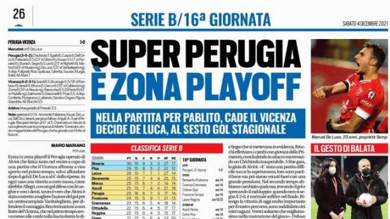 Tuttosport esalta la vittoria cel Perugia contro il Vicenza