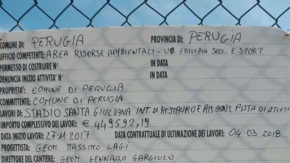 "Fine dei lavori Santa Giuliana 4 marzo 2018": così c'è scritto nel cantiere dello stadio perugino...
