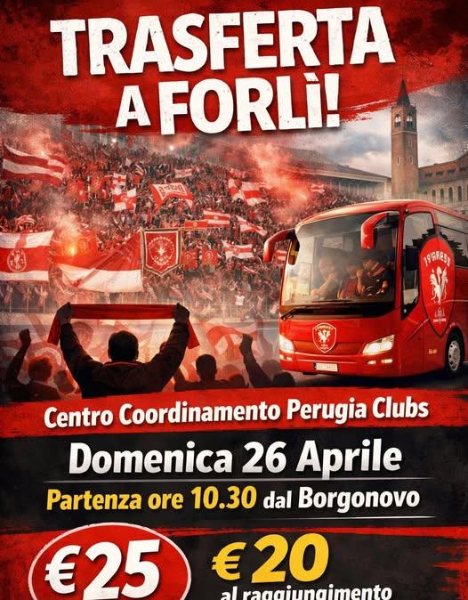 Il Centro di Coordinamento dei Perugia Clubs in trasferta domenica 26 aprile a Forlì: incerto il prezzo del viaggio