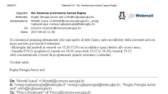 Il Rugby Perugia sul campo da gioco: questo lo scambio delle mail con il Rugby Perugia Junior...