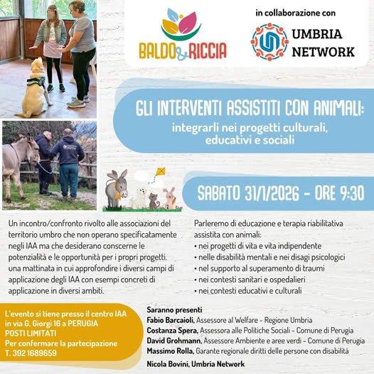 Sabato (alle ore 9.30) alla Baldo&Riccia di Perugia un incontro dedicato agli interventi assistiti con animali