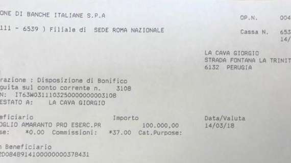 La foto del bonifico di 100mila euro di un ben noto imprenditore perugino per salvare l'Arezzo Calcio!  