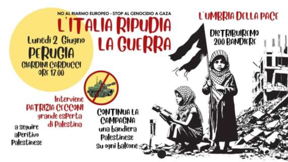 "L'Umbria della pace" torna in piazza: il 2 giugno alle ore 17 a Perugia distribuendo bandiere della Palestina