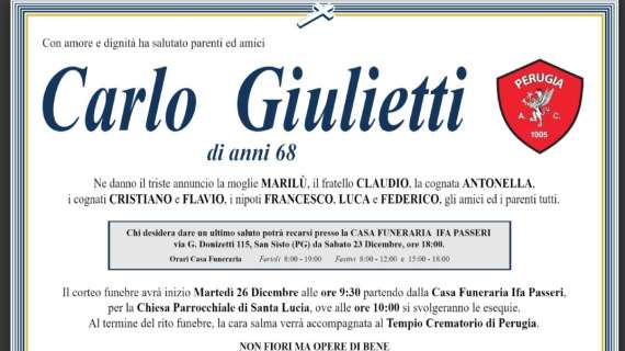 Camera ardente a San Sisto per l' ultimo saluto a Carlo Giulietti: martedì i funerali 