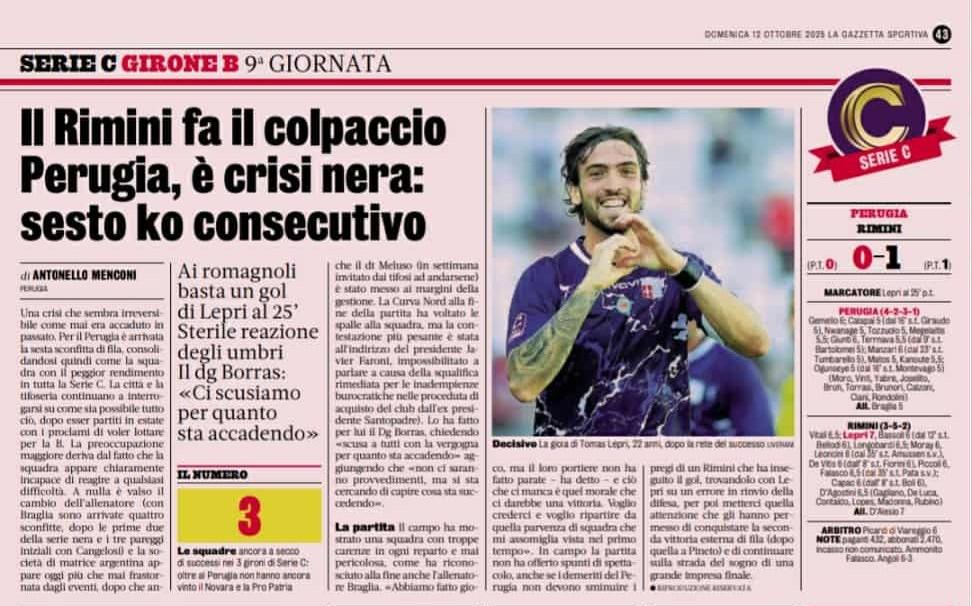 La crisi delle sei sconfitte di fila del Perugia sulle colonne de La Gazzetta dello Sport in edicola