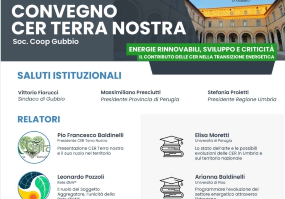 Il 4 giugno alla 17 a Gubbio c'è il convegno della "Cer Terra Nostra" sulle energie rinnovabili  